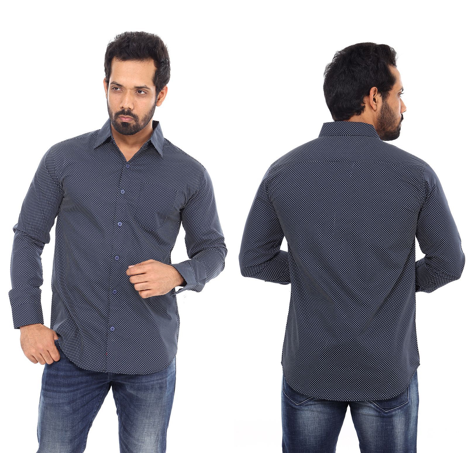 L - Size, Dude Style Men's Trendy Cotton Casual Style Shirt - Dcs_02 - Ash With White Dot Design