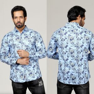 L - Size, Dude Style Men's Trendy Cotton Casual Style Shirt - Dcs_08 - Powder Blue With Tree Leaf Design