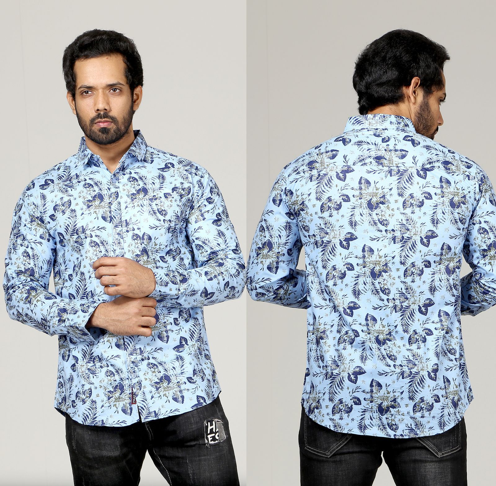 L - Size, Dude Style Men's Trendy Cotton Casual Style Shirt - Dcs_08 - Powder Blue With Tree Leaf Design