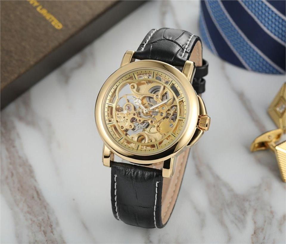 Mechanical Analog Skeleton And Gold Dial Men's Watch - Ska