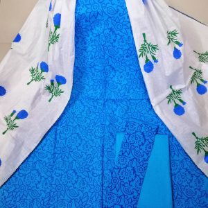 Unstitched deshi cotton 3pcs with cotton orna - 16 - royal blue with off white and blue rose design dupatta