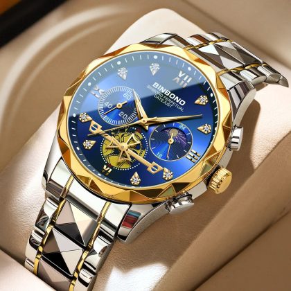 BINBOND B1236 Brand Fashion Tourbillon Dial Quartz Watches Men’s Luxury Stainless Steel Blue